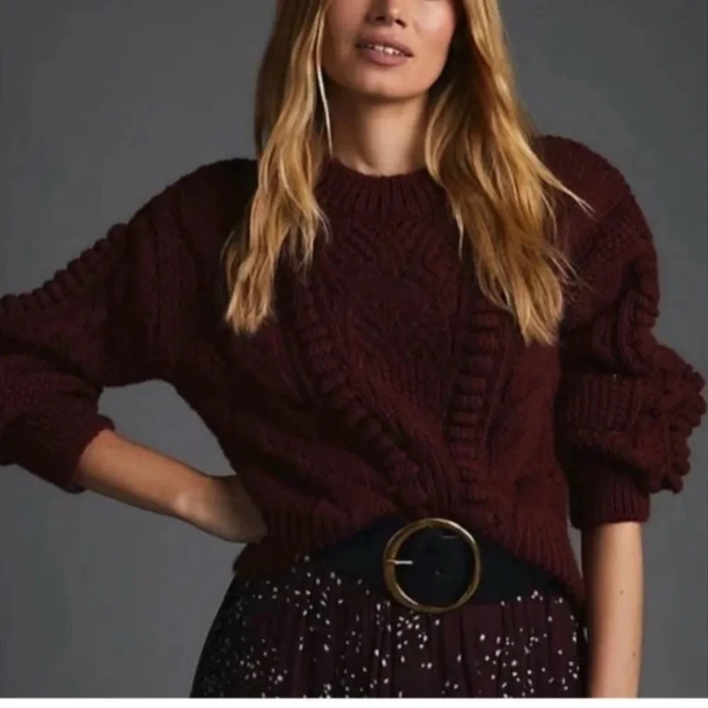 Anthropologie Bobbled Cableknit Sweater Womens M Burgundy Red Cozy Knit